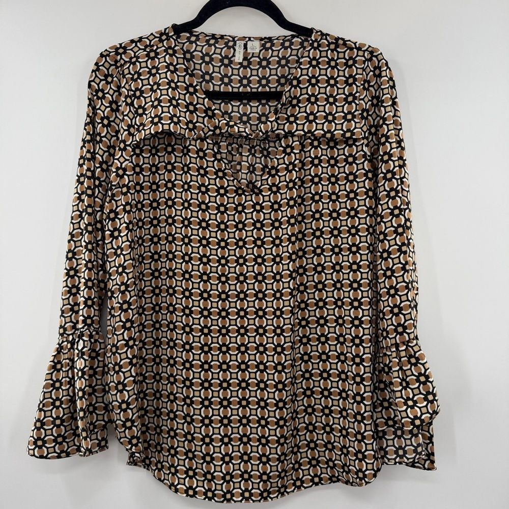 3For$20 Cato Geometric Lattice Brown Black Long Sleeve Print Blouse size: L